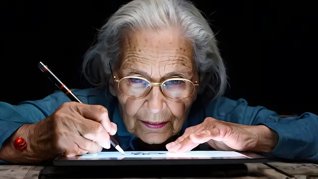 A granny using an ipad with a apple pen
